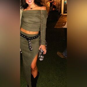 Olive Green Off-Shoulder Crop Top and Skirt Set (belt not included)